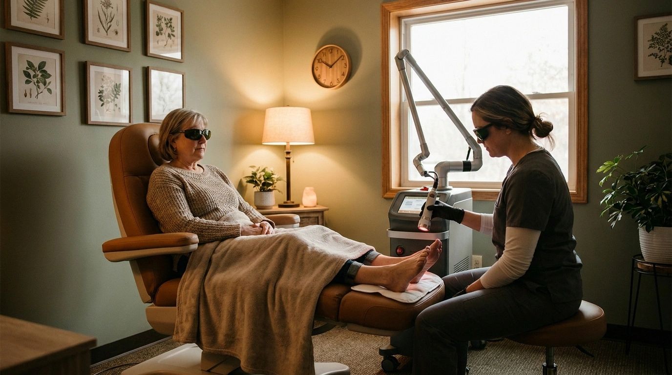 A patient receives photobiomodulation therapy in a clinic treatment room — the standard clinic session experience.