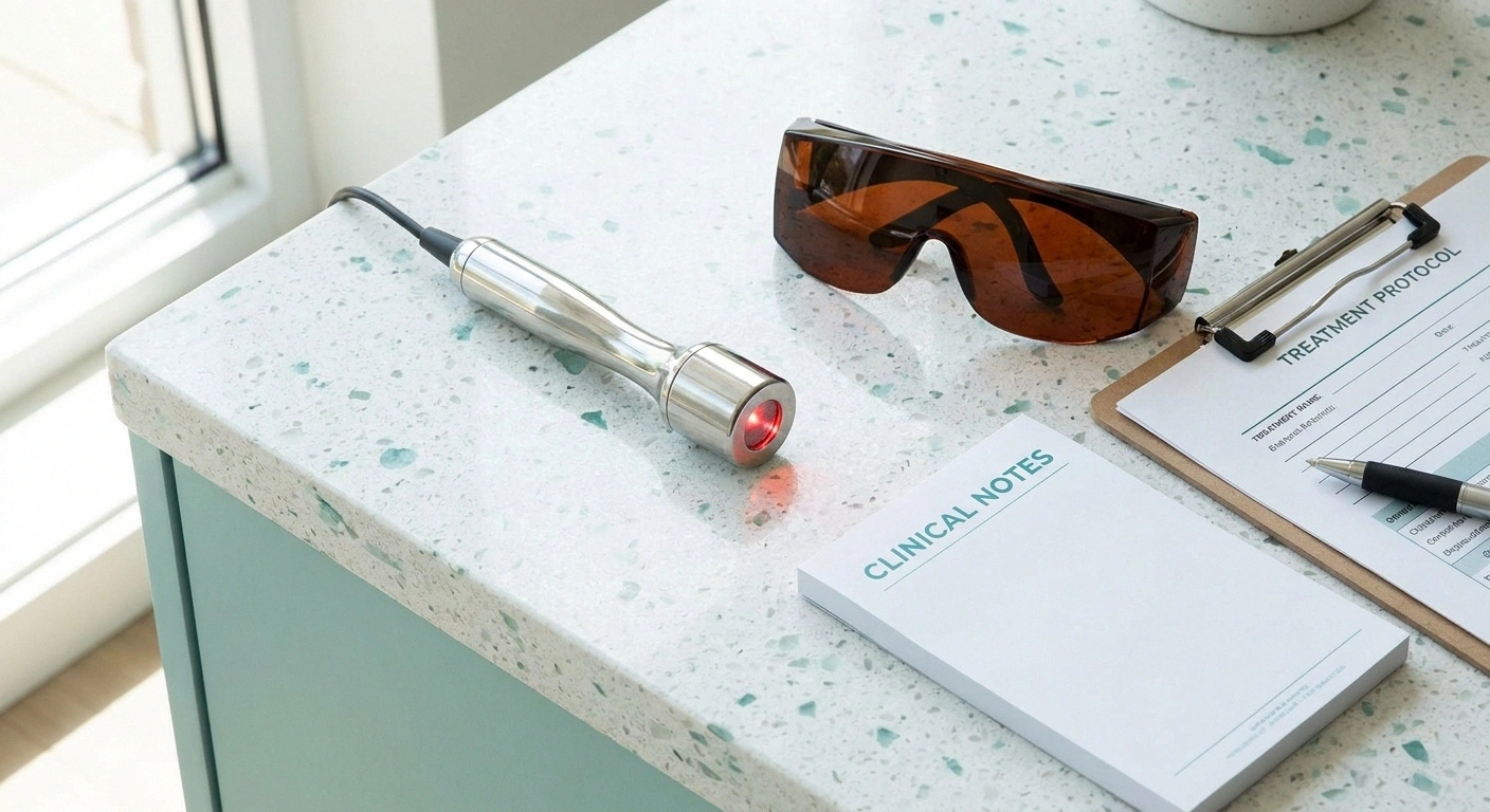 A handheld clinical photobiomodulation device on a clinic counter beside protective goggles and a treatment clipboard.