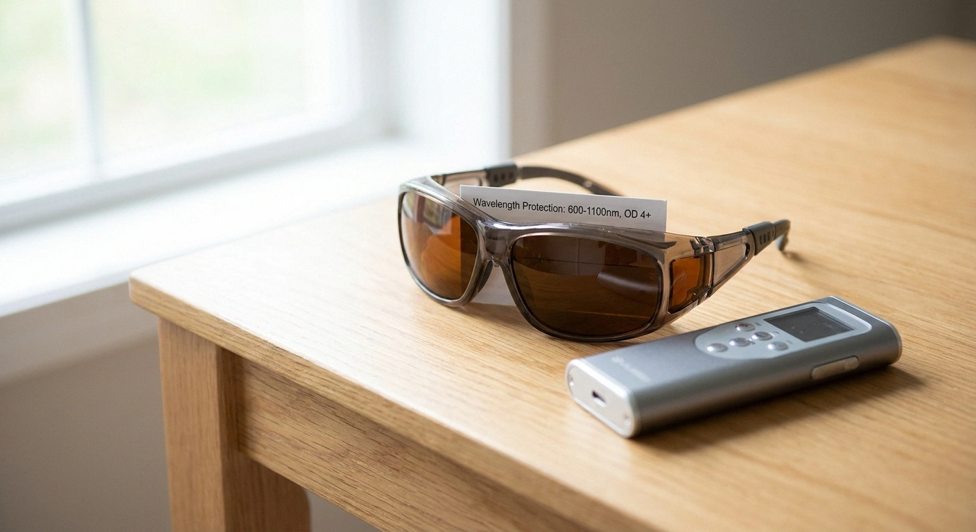 Professional laser-safety goggles on a wooden surface beside a cold laser device — the eye protection that is essential during any photobiomodulation session.