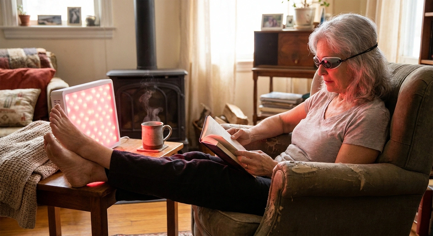 A woman seated at home with her bare feet in front of a glowing red light therapy panel — the home-device alternative to clinic sessions.