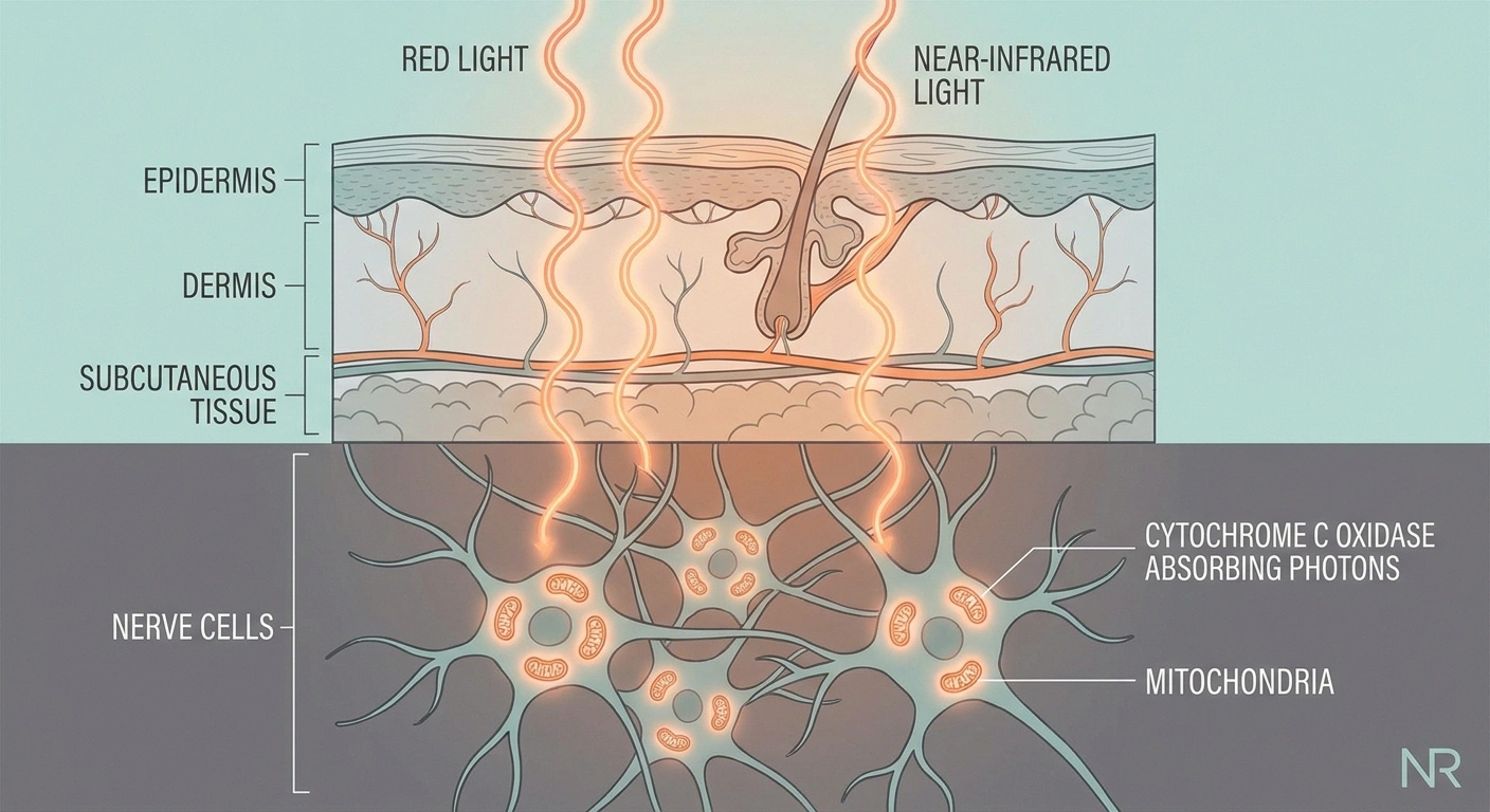 Medical illustration showing red and near-infrared light penetrating skin to reach mitochondria in nerve cells — the proposed mechanism of photobiomodulation.