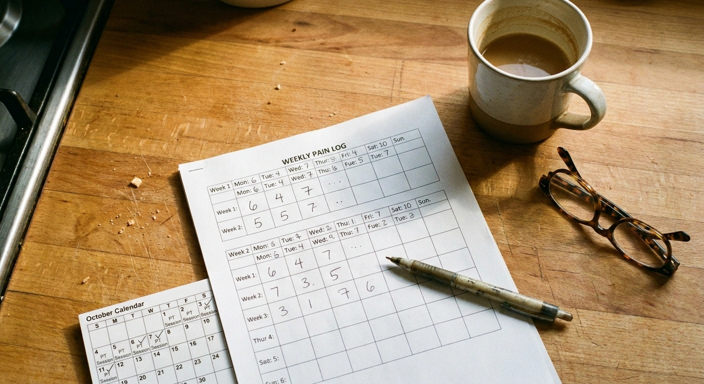 A printed symptom-tracking sheet, pen, and session calendar on a kitchen counter — the baseline-and-evaluate step of the laser therapy trial.