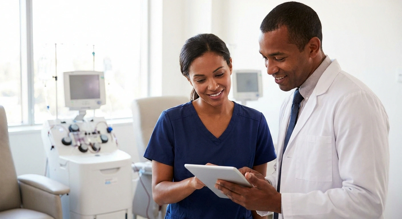 Apheresis nurse and neurologist reviewing a patient's care plan during a plasma exchange treatment course