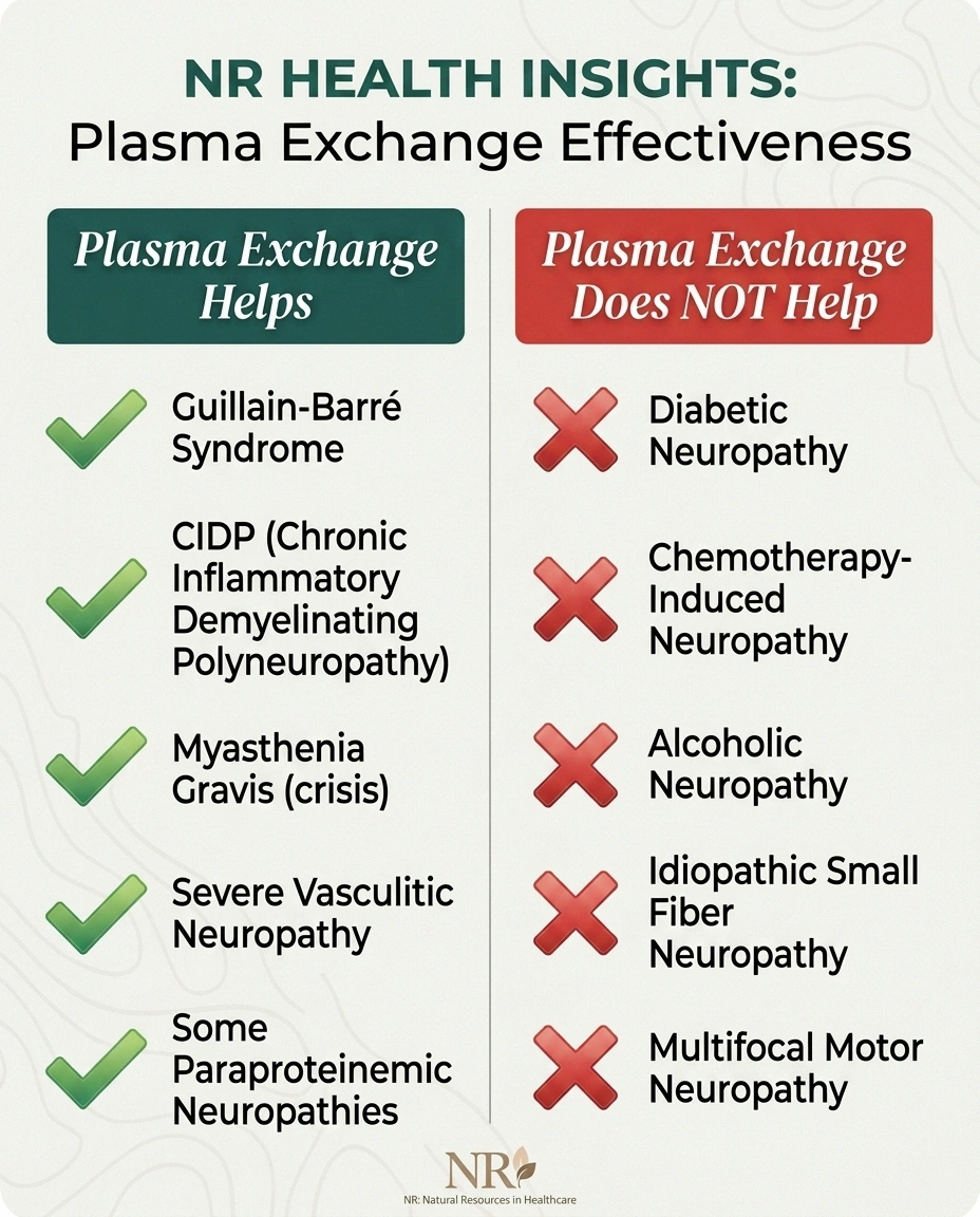 Two-column comparison showing which neuropathies plasma exchange treats and which it does not