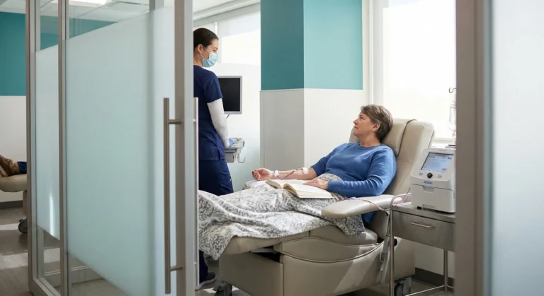 Patient comfortably reading during a therapeutic plasma exchange session in a modern apheresis suite