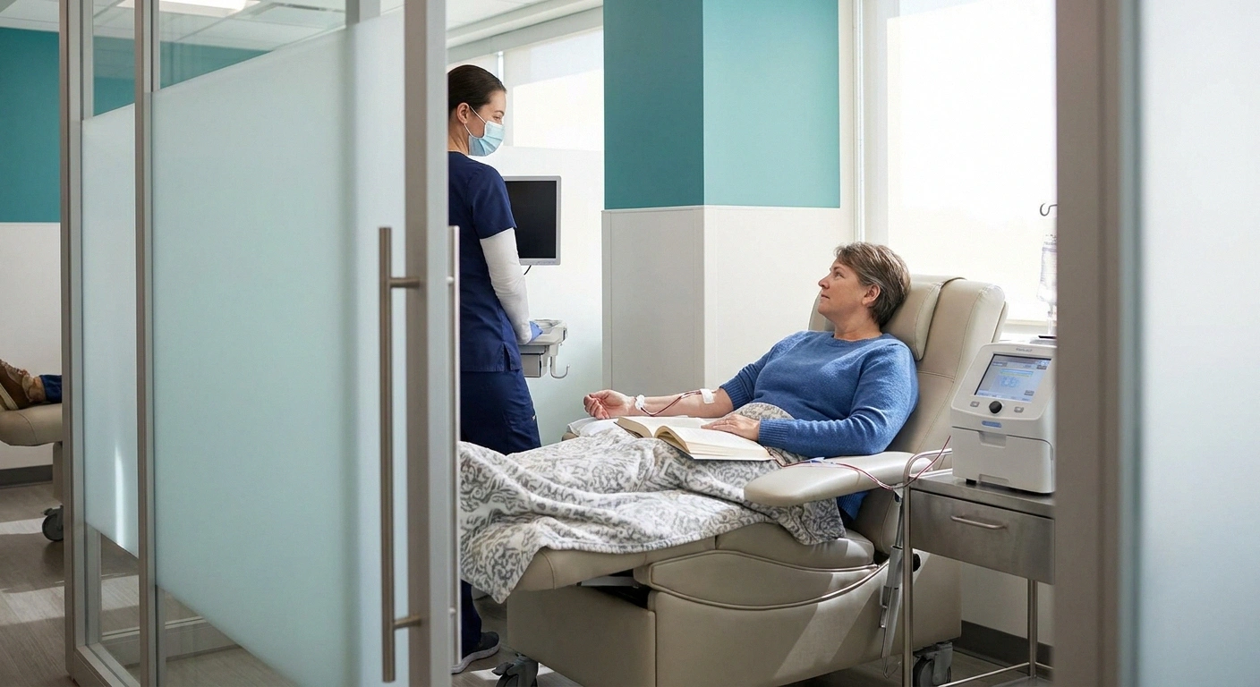 Patient comfortably reading during a therapeutic plasma exchange session in a modern apheresis suite