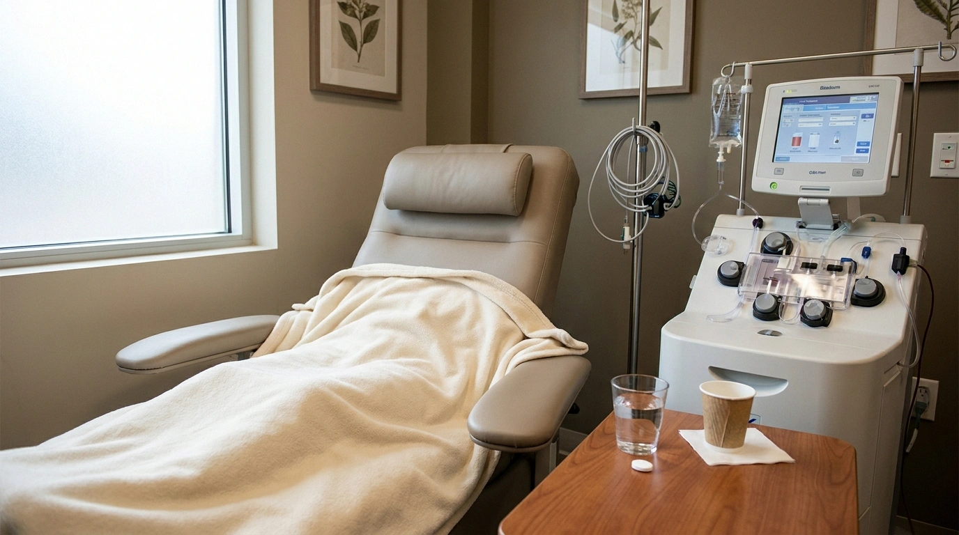A modern apheresis suite ready for a plasma exchange session — comfortable chair, monitors, and warm blanket