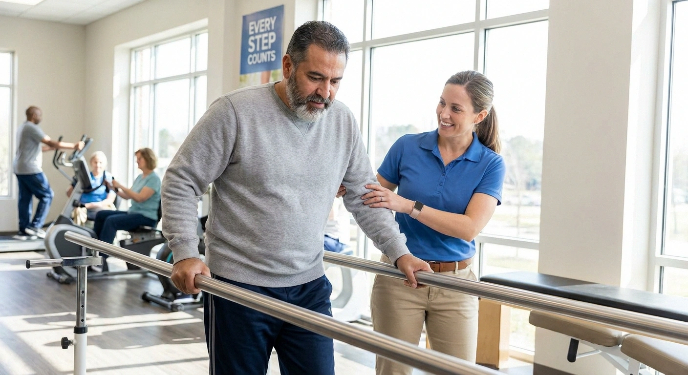 Patient in physical therapy after plasma exchange treatment, regaining strength with therapist support