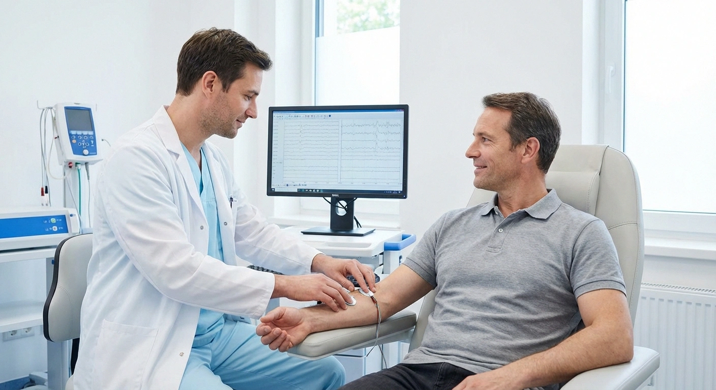 Neurologist performing nerve conduction study to diagnose type of neuropathy in a modern clinical setting