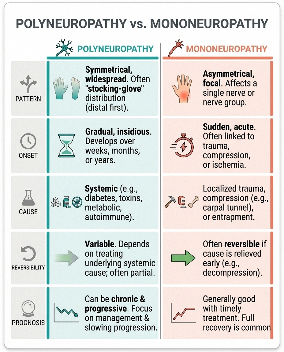 Comparison infographic showing key differences between polyneuropathy and mononeuropathy across five categories