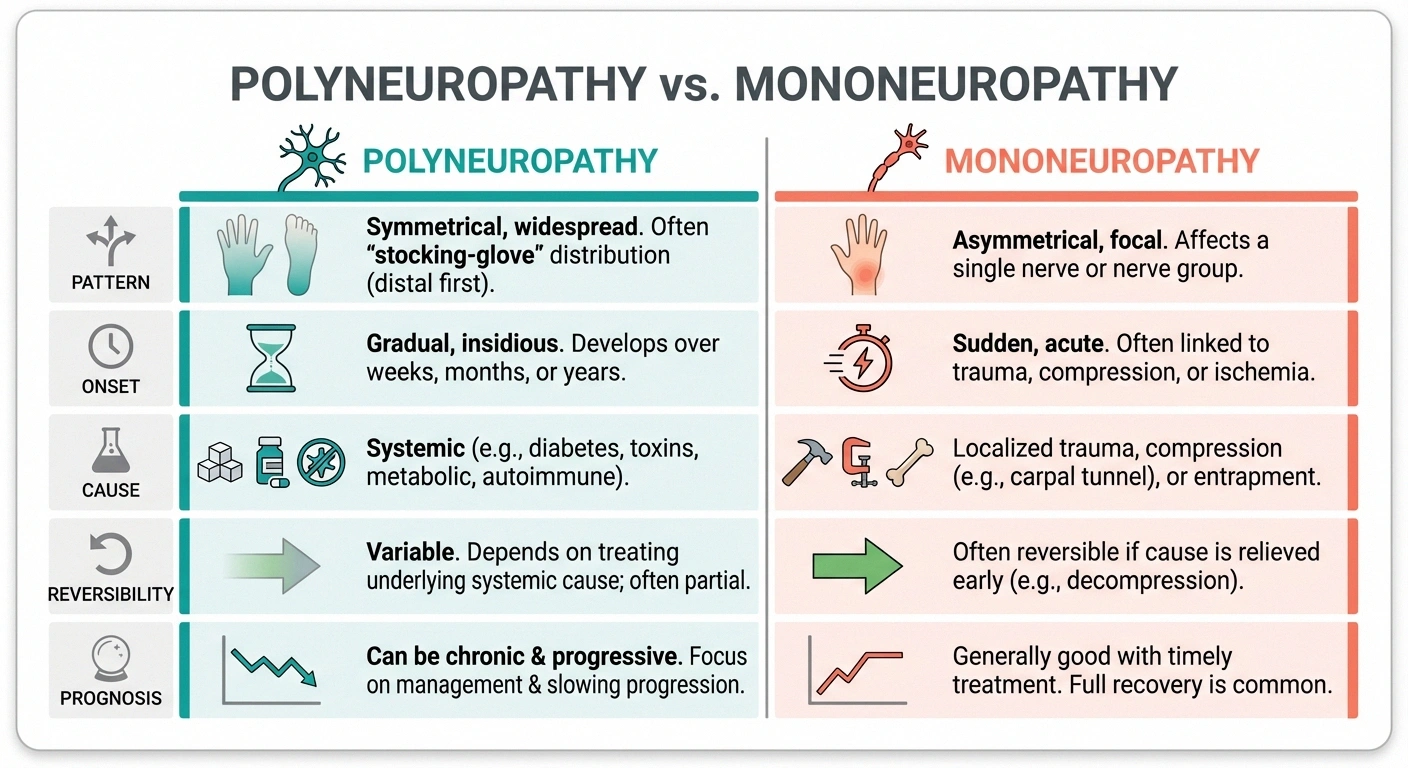 Comparison infographic showing key differences between polyneuropathy and mononeuropathy across five categories