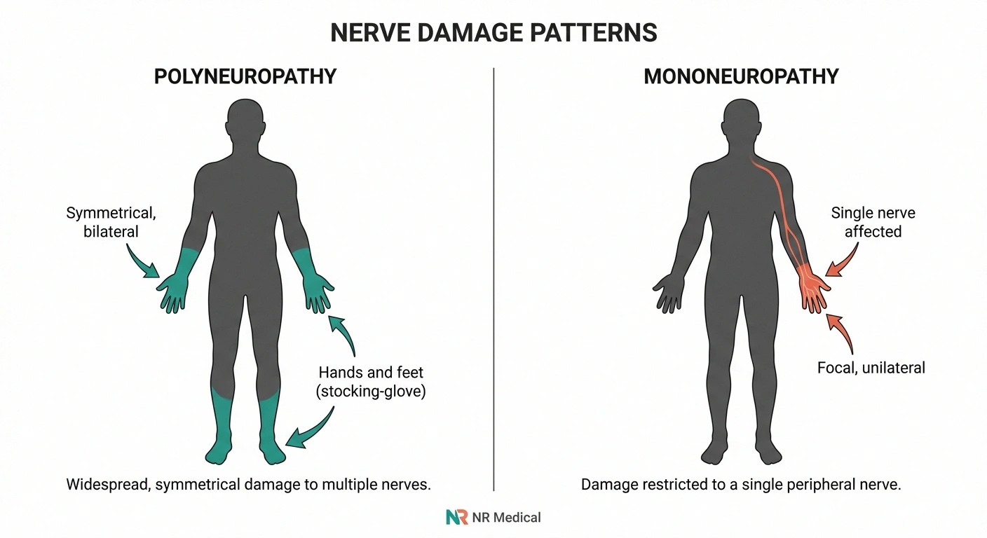 Side-by-side body diagrams comparing symmetrical polyneuropathy pattern with localized mononeuropathy pattern