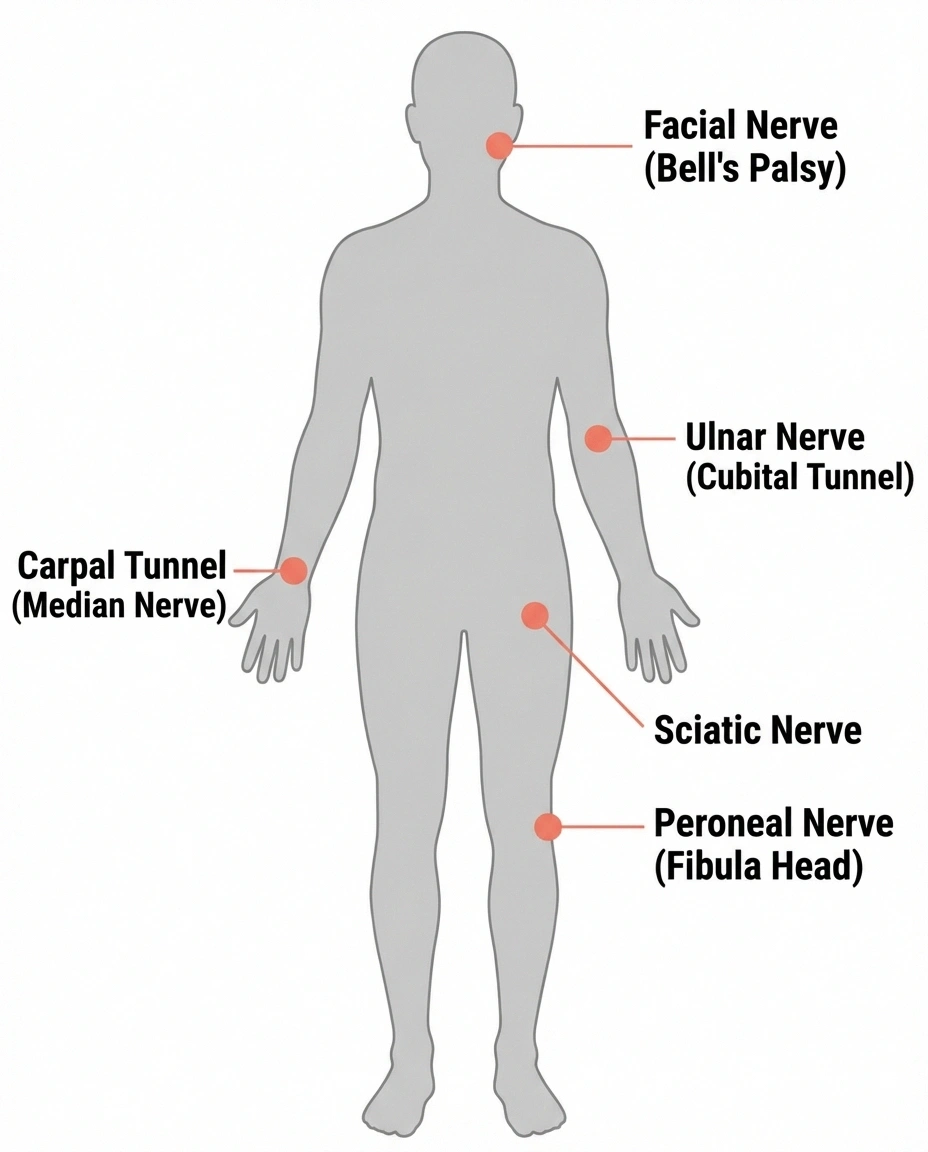 Human body diagram showing common mononeuropathy locations including carpal tunnel ulnar nerve and sciatic nerve