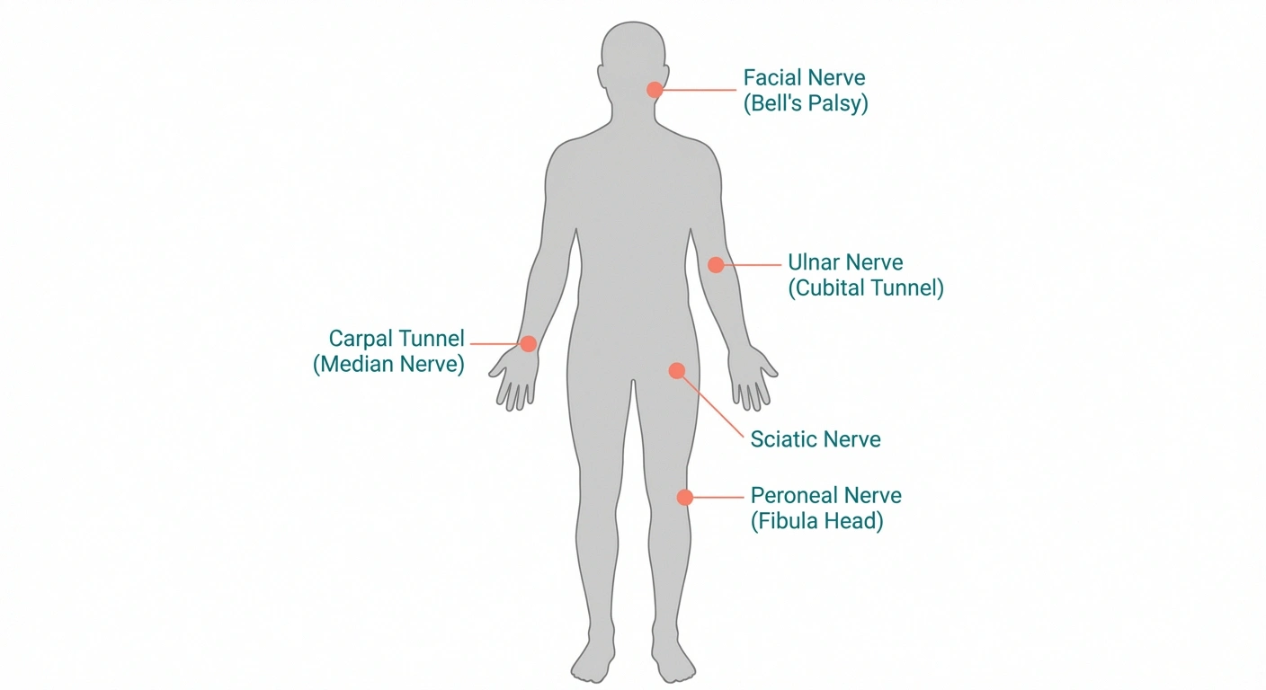 Human body diagram showing common mononeuropathy locations including carpal tunnel ulnar nerve and sciatic nerve