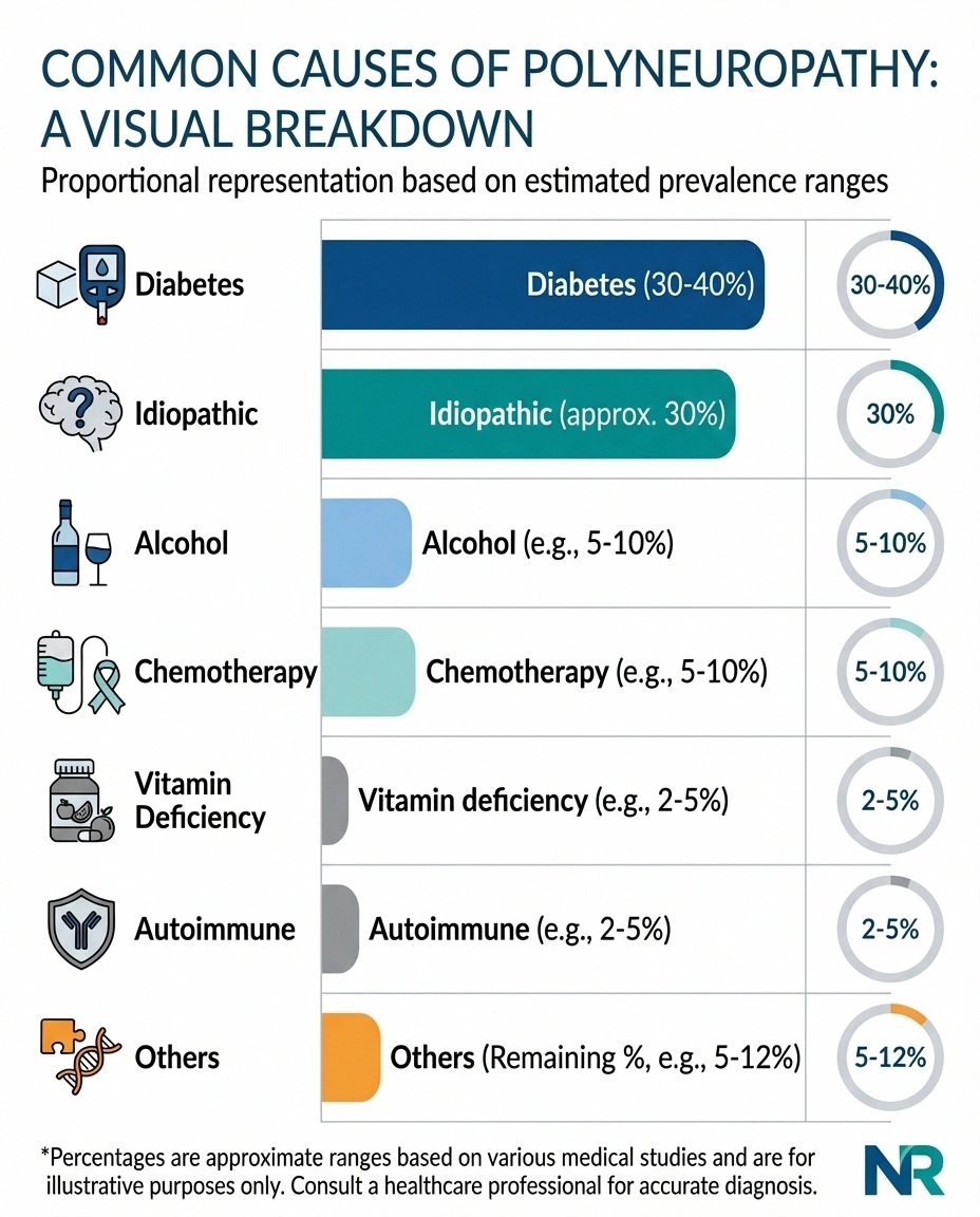 Infographic showing common causes of polyneuropathy with diabetes and idiopathic causes as most frequent