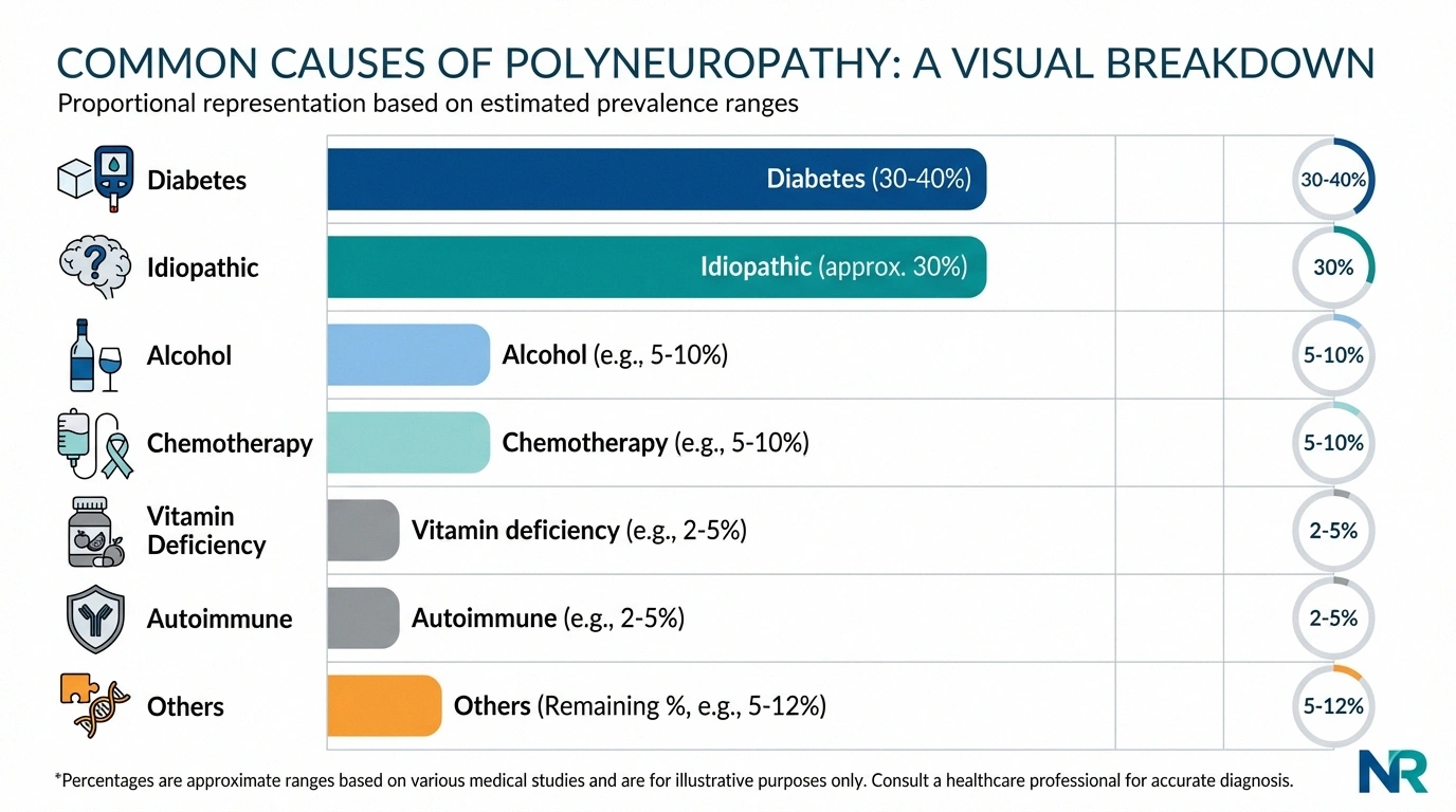 Infographic showing common causes of polyneuropathy with diabetes and idiopathic causes as most frequent