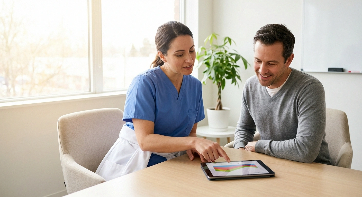 Neurologist and patient reviewing personalized neuropathy treatment plan in a bright consultation room