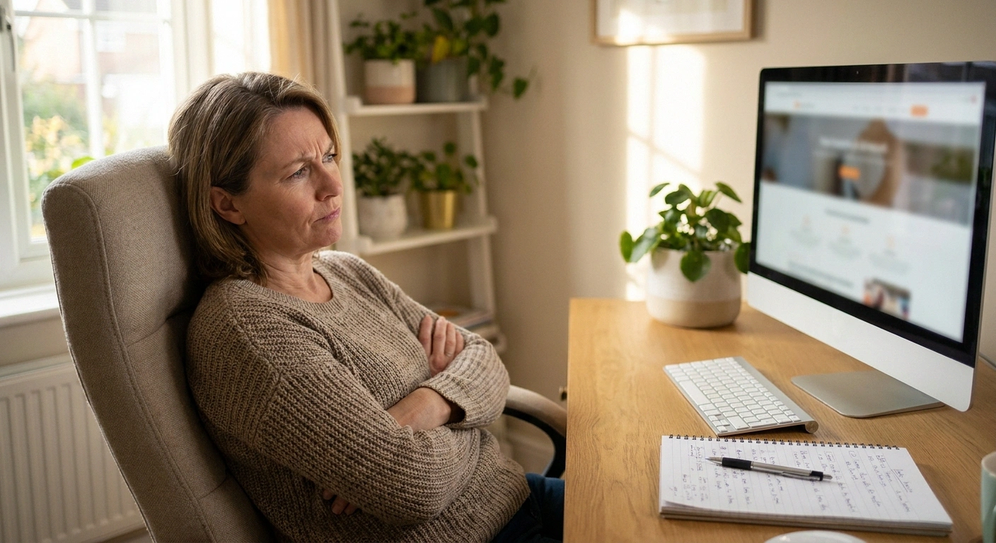 Patient skeptically evaluating stem cell clinic website claims for neuropathy treatment