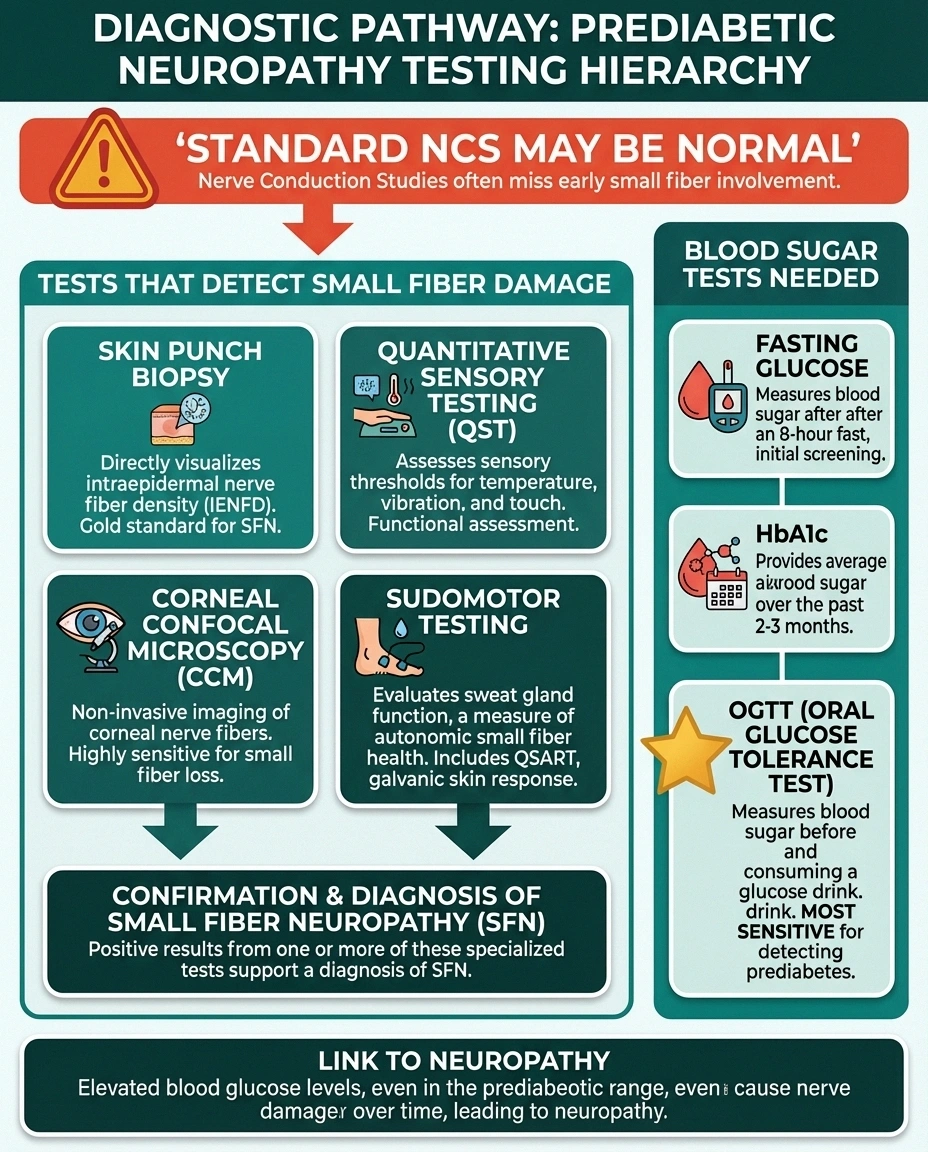 Diagnostic pathway infographic for prediabetic neuropathy showing why standard nerve conduction studies may miss small fiber damage and what tests to request instead