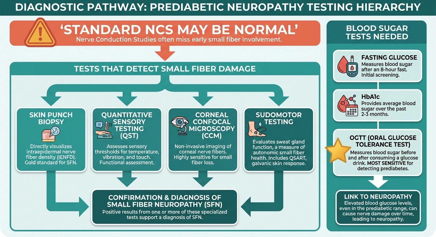 Diagnostic pathway infographic for prediabetic neuropathy showing why standard nerve conduction studies may miss small fiber damage and what tests to request instead