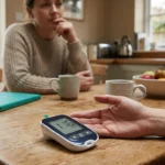Glucose meter showing borderline prediabetes blood sugar reading on a table representing the connection between prediabetes and nerve damage