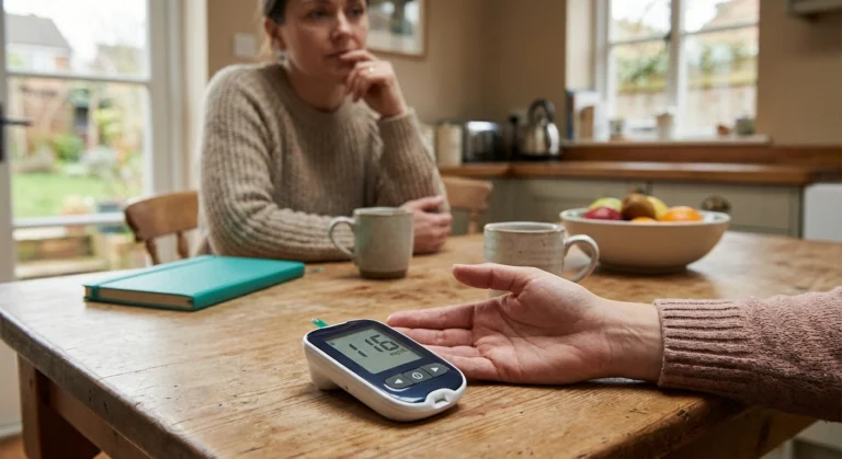 Glucose meter showing borderline prediabetes blood sugar reading on a table representing the connection between prediabetes and nerve damage