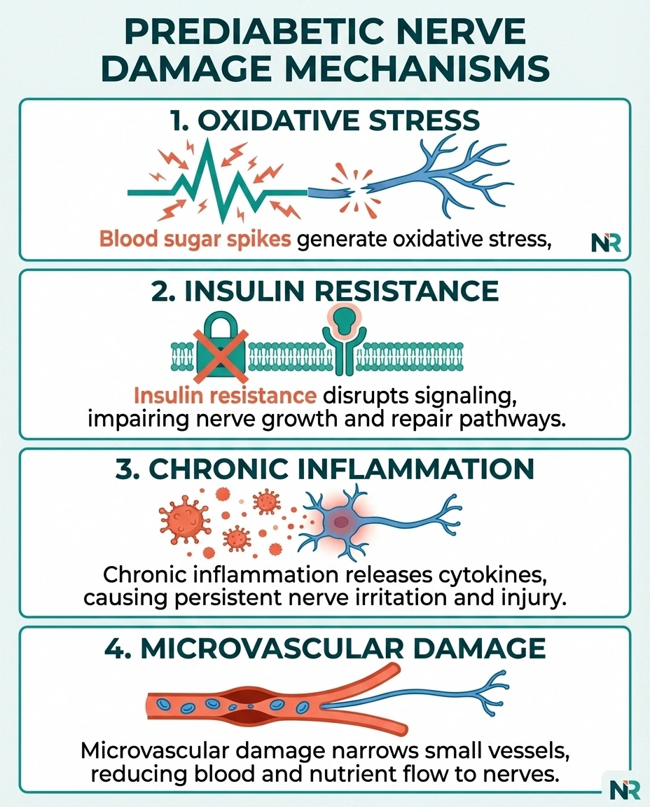 Infographic showing four mechanisms by which prediabetes damages peripheral nerves including oxidative stress insulin resistance inflammation and microvascular damage
