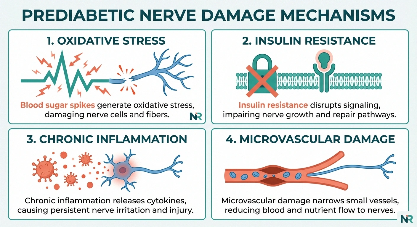 Infographic showing four mechanisms by which prediabetes damages peripheral nerves including oxidative stress insulin resistance inflammation and microvascular damage