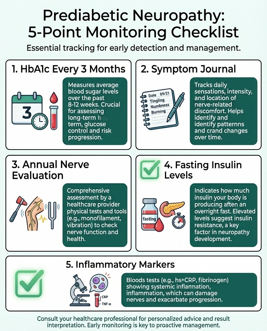 Monitoring checklist infographic for tracking prediabetic neuropathy progress including HbA1c testing symptom journaling and annual nerve evaluations