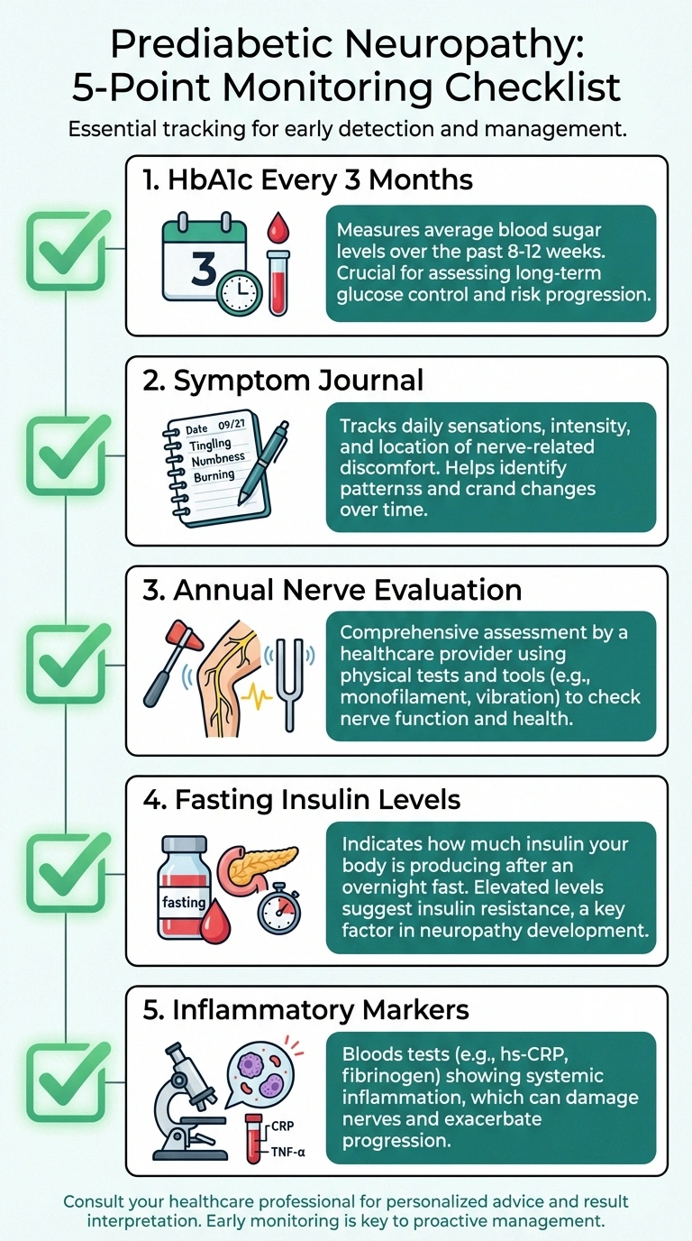 Monitoring checklist infographic for tracking prediabetic neuropathy progress including HbA1c testing symptom journaling and annual nerve evaluations