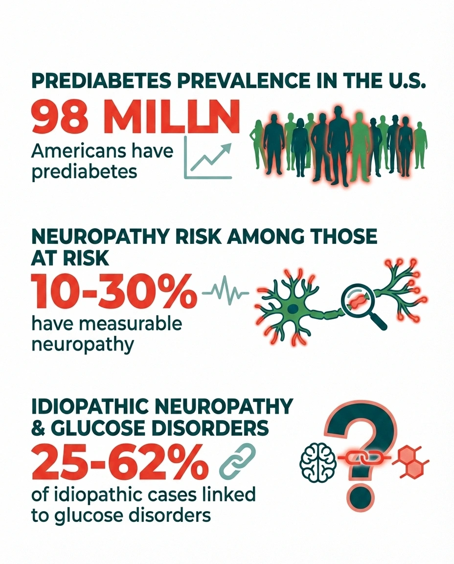 Statistics infographic showing prediabetes prevalence and neuropathy rates including 98 million Americans affected and 10 to 30 percent with measurable nerve damage