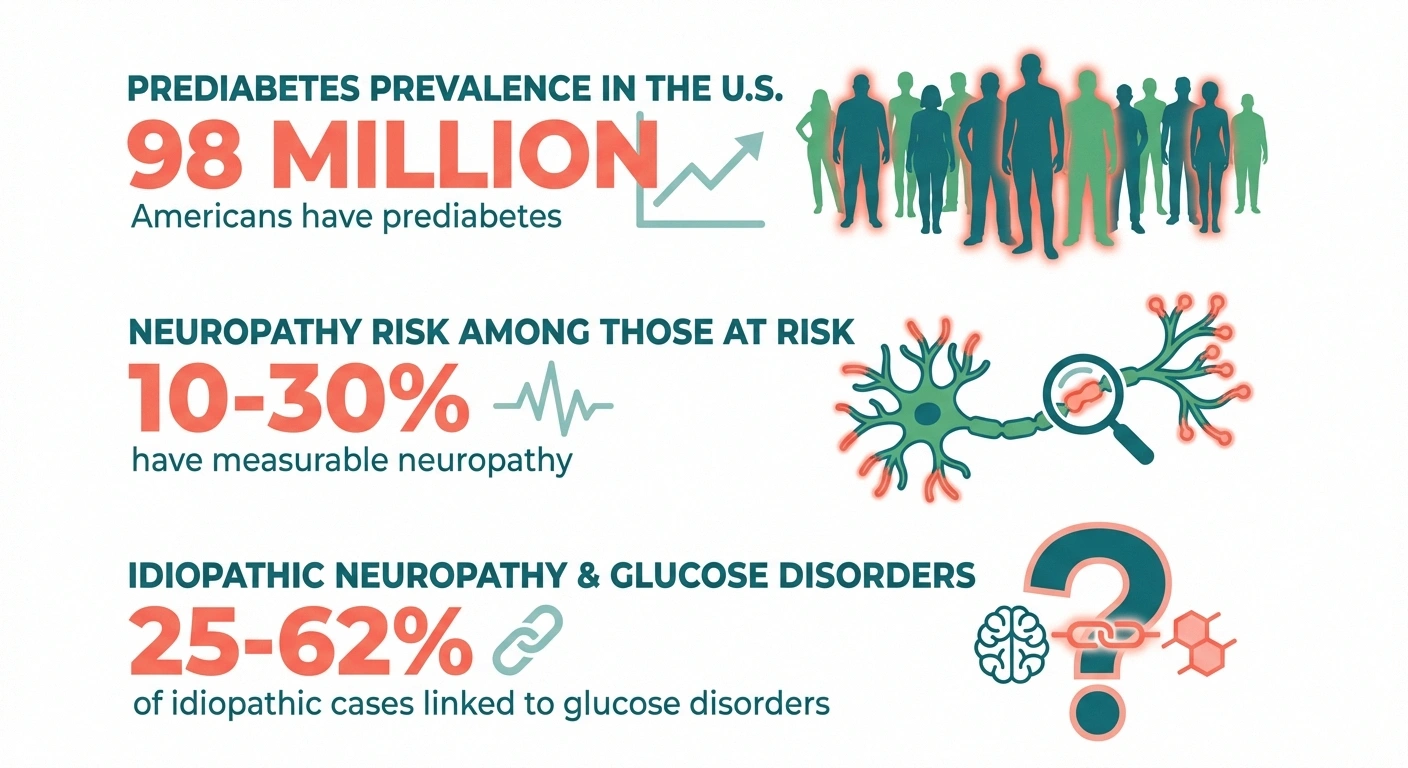 Statistics infographic showing prediabetes prevalence and neuropathy rates including 98 million Americans affected and 10 to 30 percent with measurable nerve damage