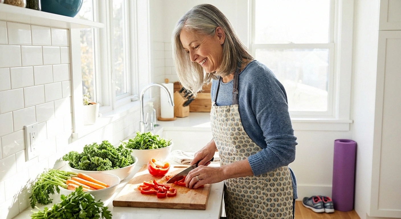 Person preparing a healthy anti-inflammatory meal in a bright kitchen representing lifestyle changes that can reverse prediabetic neuropathy