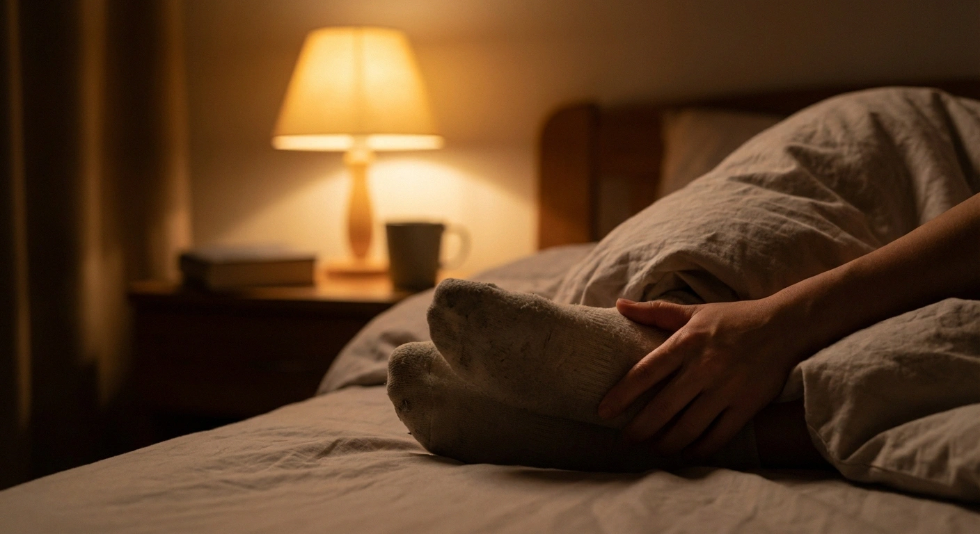 Person rubbing their feet at night representing the burning pain and tingling symptoms of prediabetic small fiber neuropathy