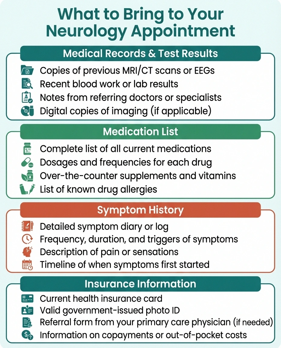 Infographic checklist of what to bring to a neurology appointment for neuropathy