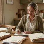 Woman preparing for neurology appointment organizing medical records and symptoms list