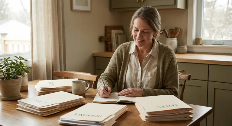 Woman preparing for neurology appointment organizing medical records and symptoms list