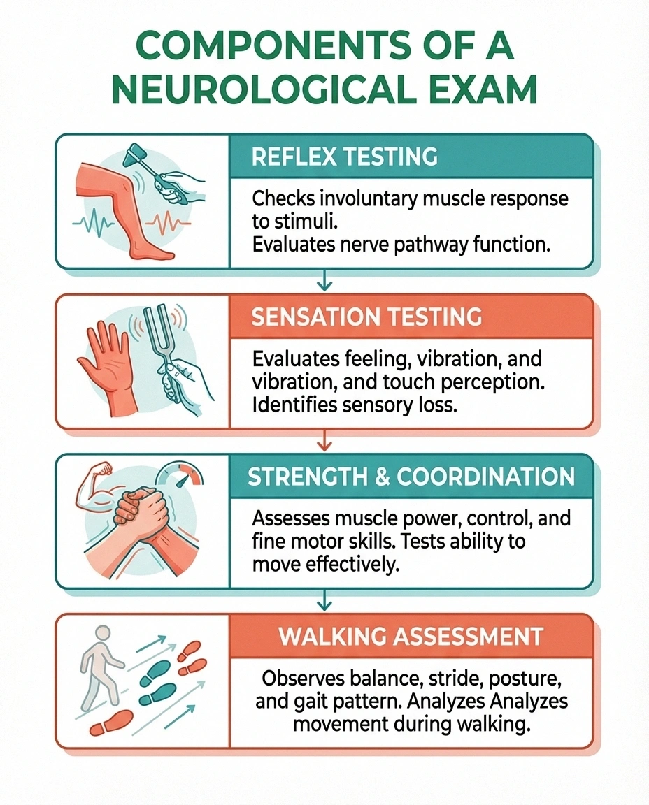 Infographic showing the four components of a neurological exam for neuropathy patients
