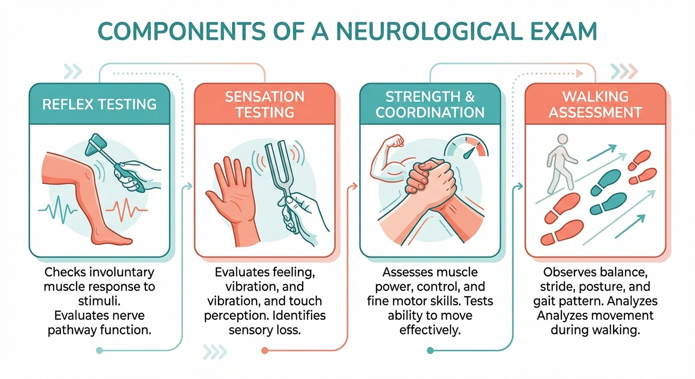 Infographic showing the four components of a neurological exam for neuropathy patients