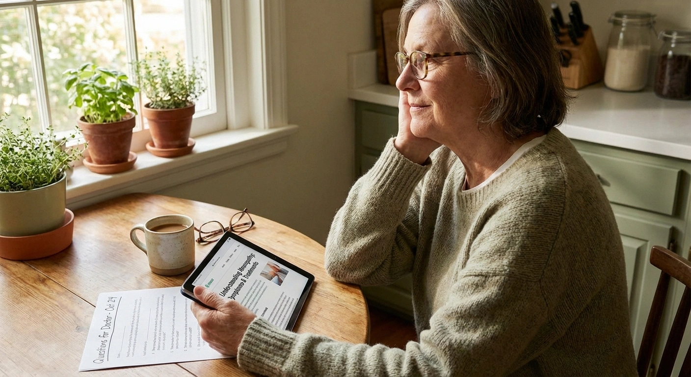 Neuropathy patient reviewing frequently asked questions about neurology appointments on a tablet at home