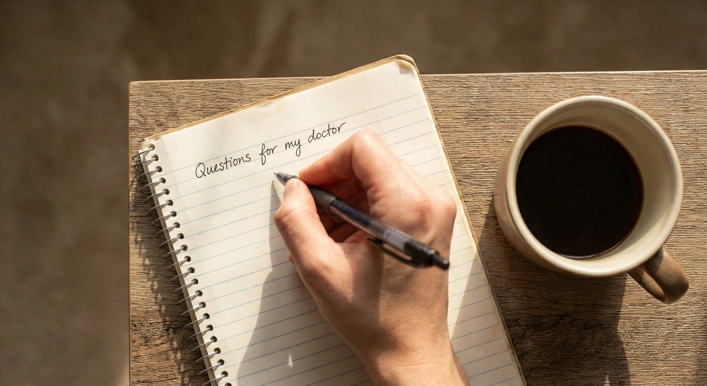Person writing questions to ask neurologist about neuropathy in a notebook