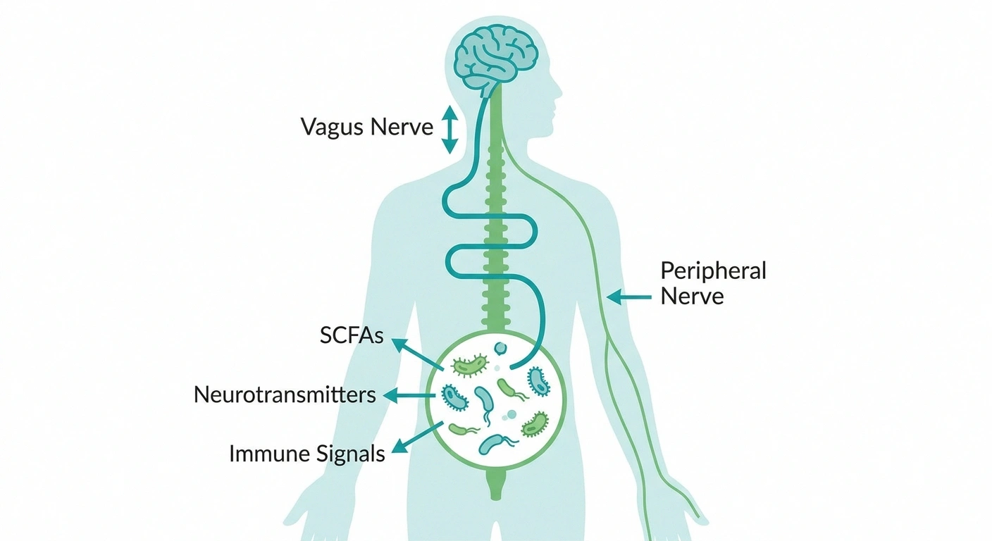 Diagram of the gut-nerve axis showing vagus nerve, short-chain fatty acids, and immune signals connecting gut bacteria to peripheral nerves