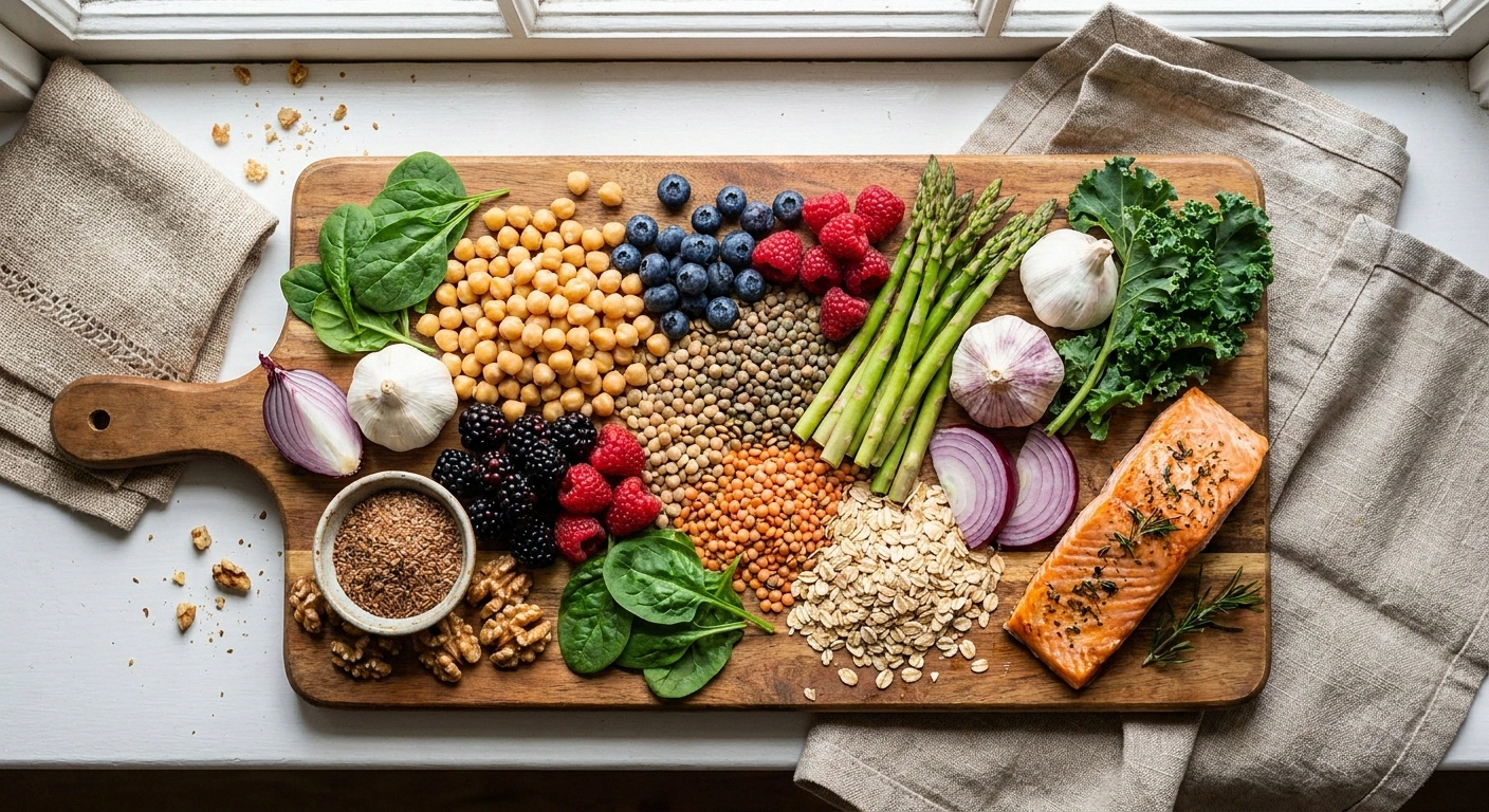 Cutting board with chickpeas, lentils, berries, leafy greens, asparagus, walnuts, flaxseed and salmon — anti-inflammatory diet foods