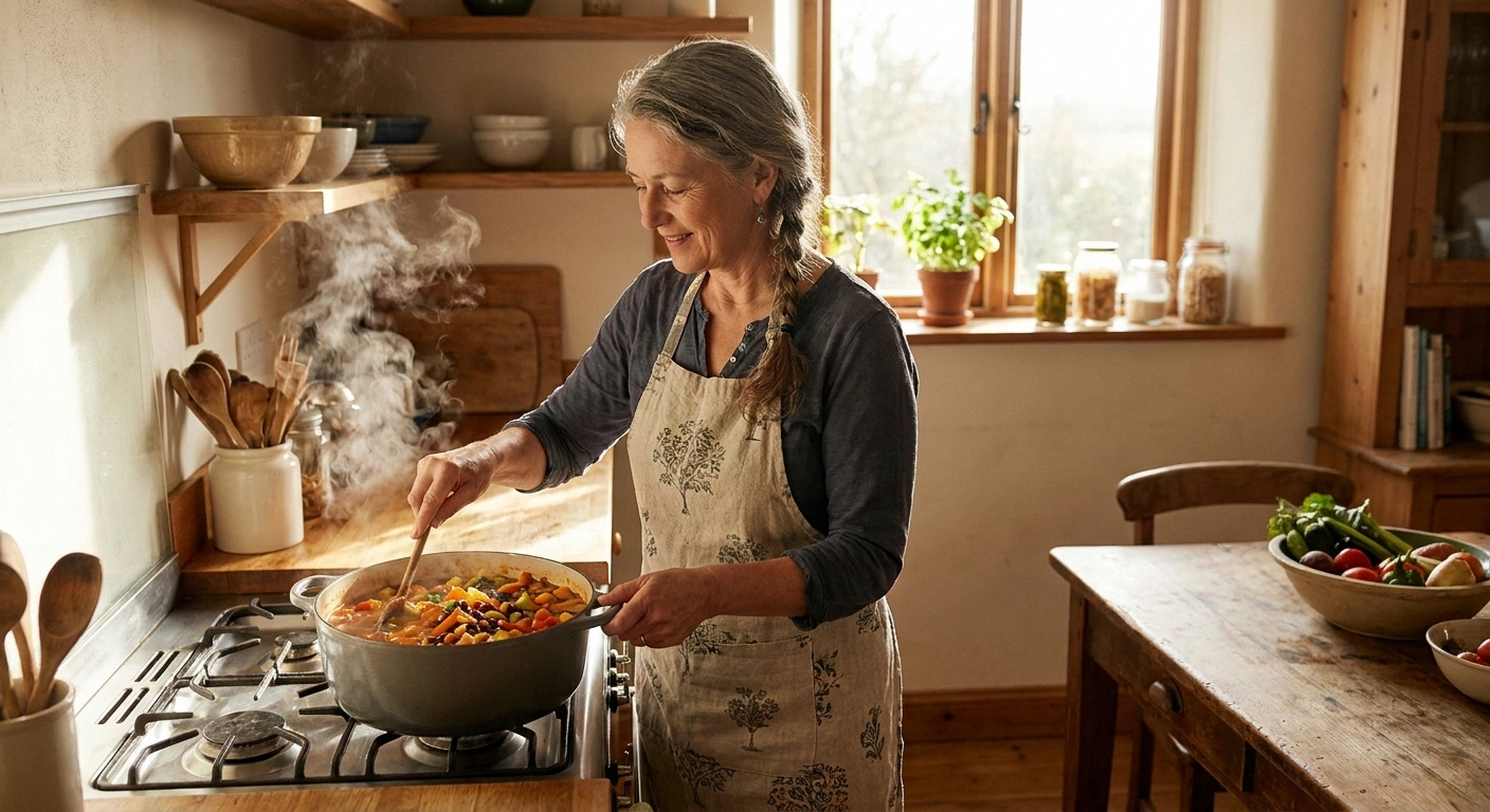 Older woman stirring a vegetable and bean stew on the stove — sustainable cooking supports the gut-nerve axis