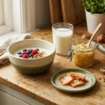 Wooden kitchen surface with yogurt, kefir, sauerkraut, kimchi, and berries — foods that support the gut-nerve axis