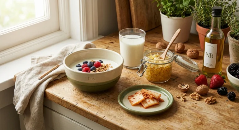 Wooden kitchen surface with yogurt, kefir, sauerkraut, kimchi, and berries — foods that support the gut-nerve axis