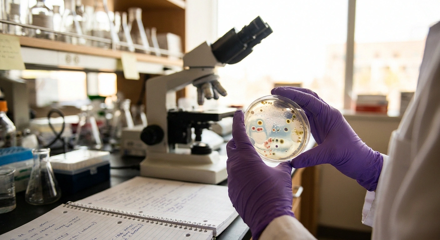 Researcher examining bacterial cultures in a microbiome research laboratory