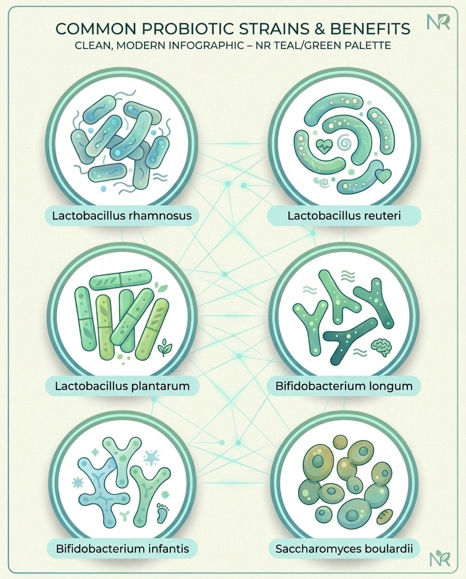 Six probiotic strains with research support for neuropathy — Lactobacillus and Bifidobacterium species plus Saccharomyces boulardii
