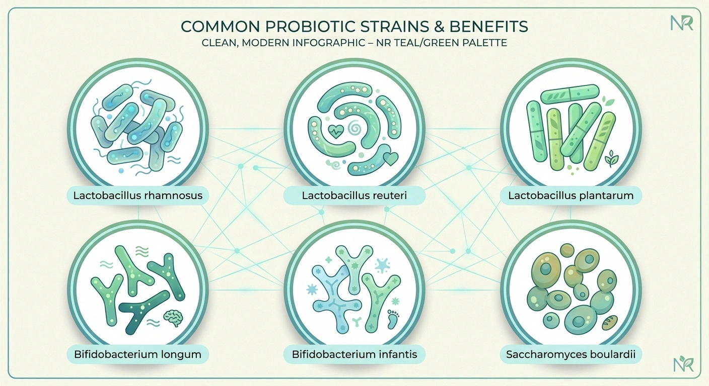 Six probiotic strains with research support for neuropathy — Lactobacillus and Bifidobacterium species plus Saccharomyces boulardii