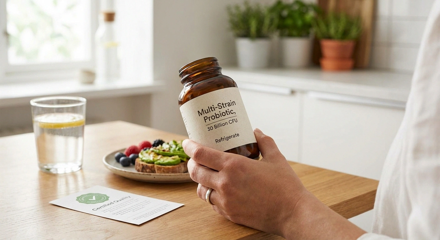 Hand holding a multi-strain probiotic supplement bottle with breakfast and water — choosing a quality probiotic